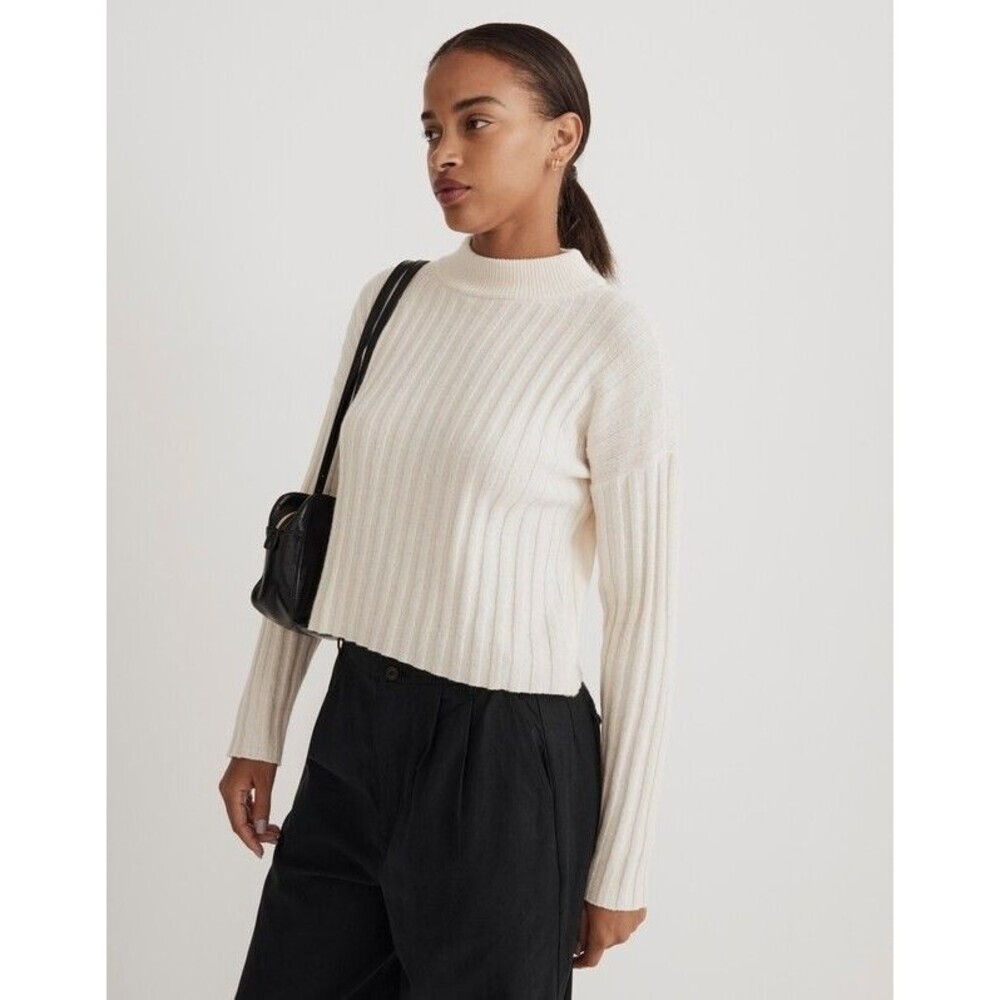 Madewell Antique Cream Ribbed Mockneck Crop Sweater Boxy Knit Pullover Wool Sz M